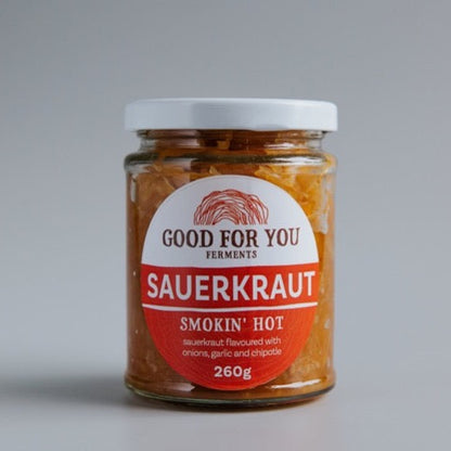 Image of our smokin’ hot spicy sauerkraut. Flavoured with onions garlic and chipotle