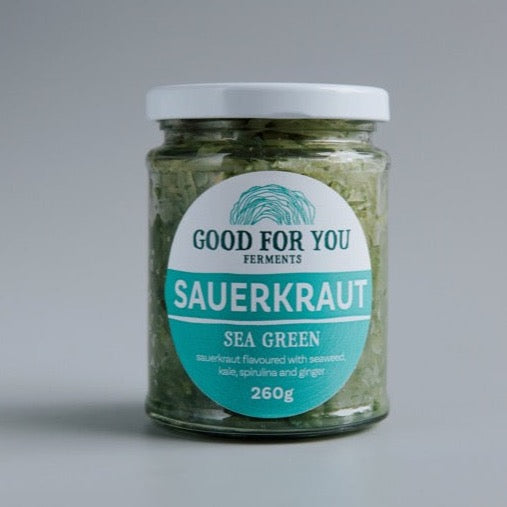 A jar of our sea green sauerkraut made with fermented vegetables